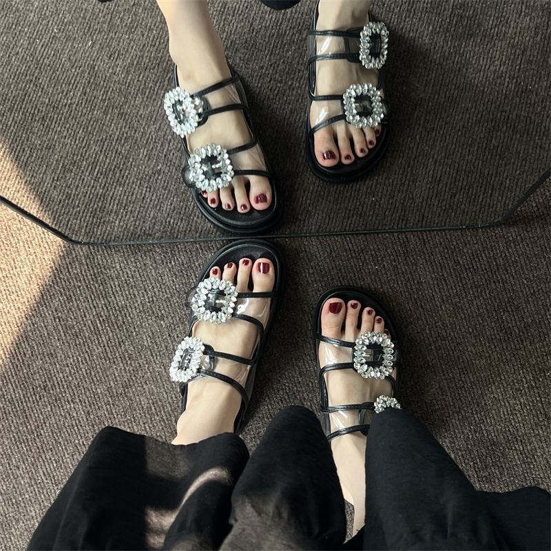 Dép Sandal Đế Dày Quai Ngang Đính Đá Thời Trang Dành Cho Nữ
