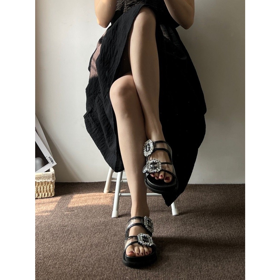 Dép Sandal Đế Dày Quai Ngang Đính Đá Thời Trang Dành Cho Nữ