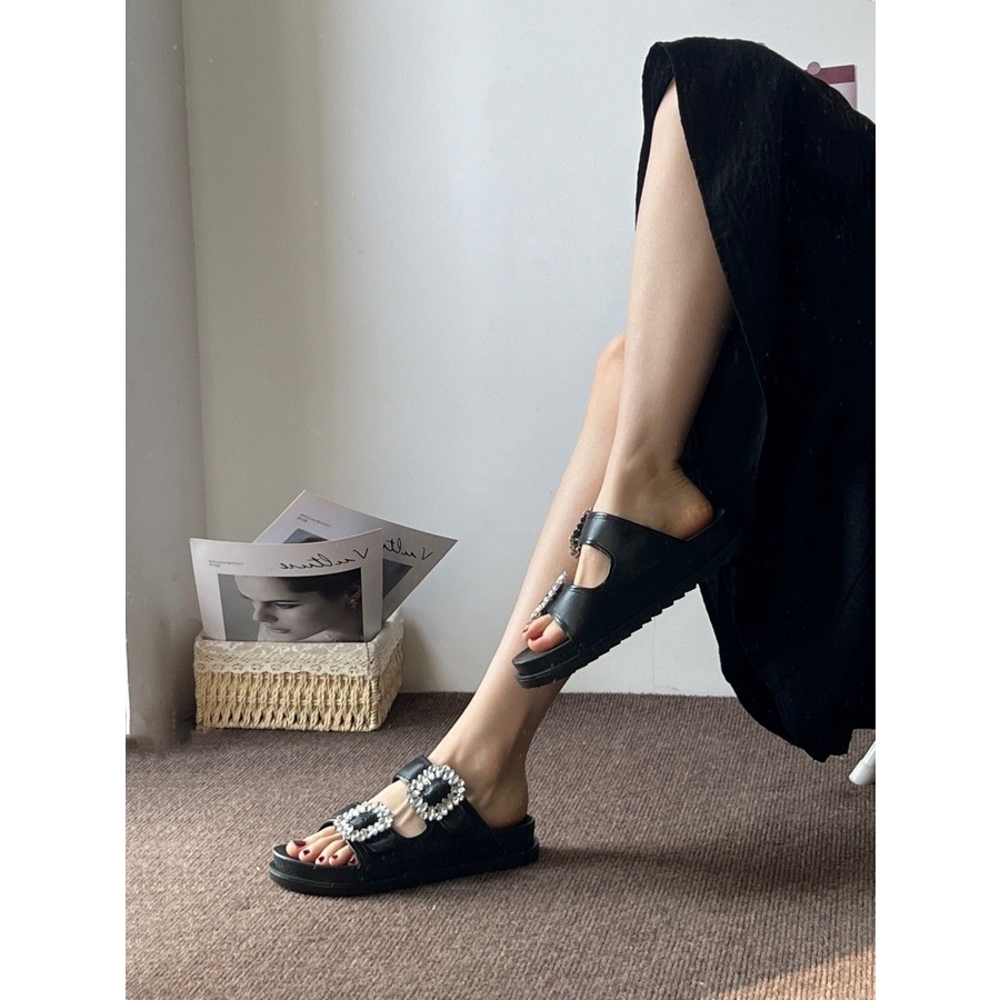Dép Sandal Đế Dày Quai Ngang Đính Đá Thời Trang Dành Cho Nữ