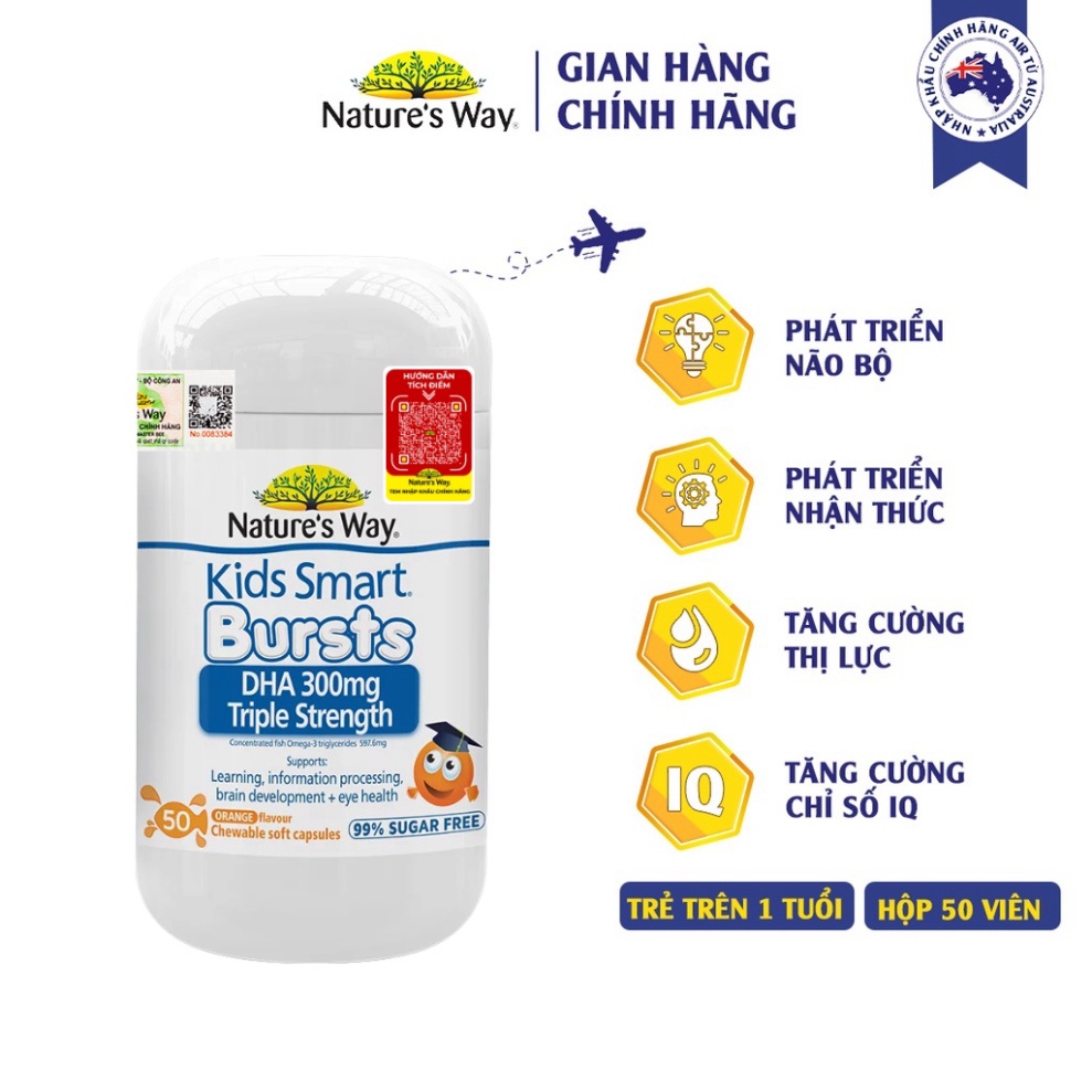 Viên Nhai Nature's Way Kids Smart DHA 300mg Triple Strength Tăng Cường Sự Phát Triển Của Trẻ 50 Viên