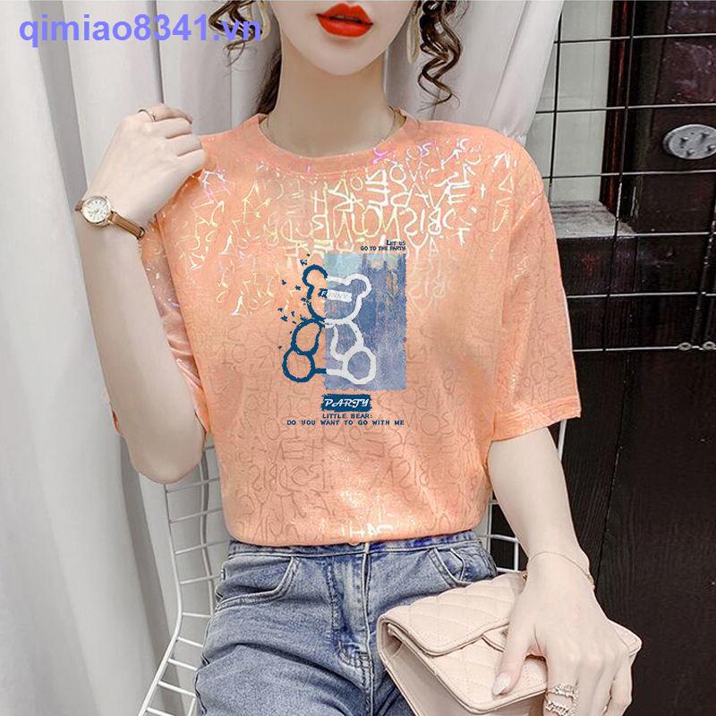 Áo Thun Tay Ngắn Bằng Lụa Lạnh Mềm Thoáng Khí In Chữ Đính Kim Sa Lấp Lánh Thời Trang Mùa Hè Phong Cách Hàn Quốc Cho Nữ