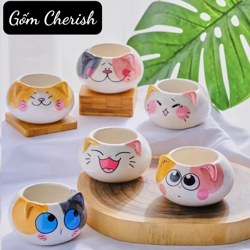 Chậu trồng cây động vật hình mèo thỏ, chậu trồng sen đá cây cảnh men bóng
