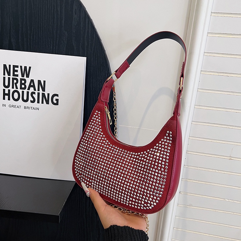 Túi Xách Đeo Vai Hình Vuông Cỡ Nhỏ Đính Đá Phối Dây Đeo Sợi Xích Thời Trang Mùa Xuân 2023 Cho Nữ