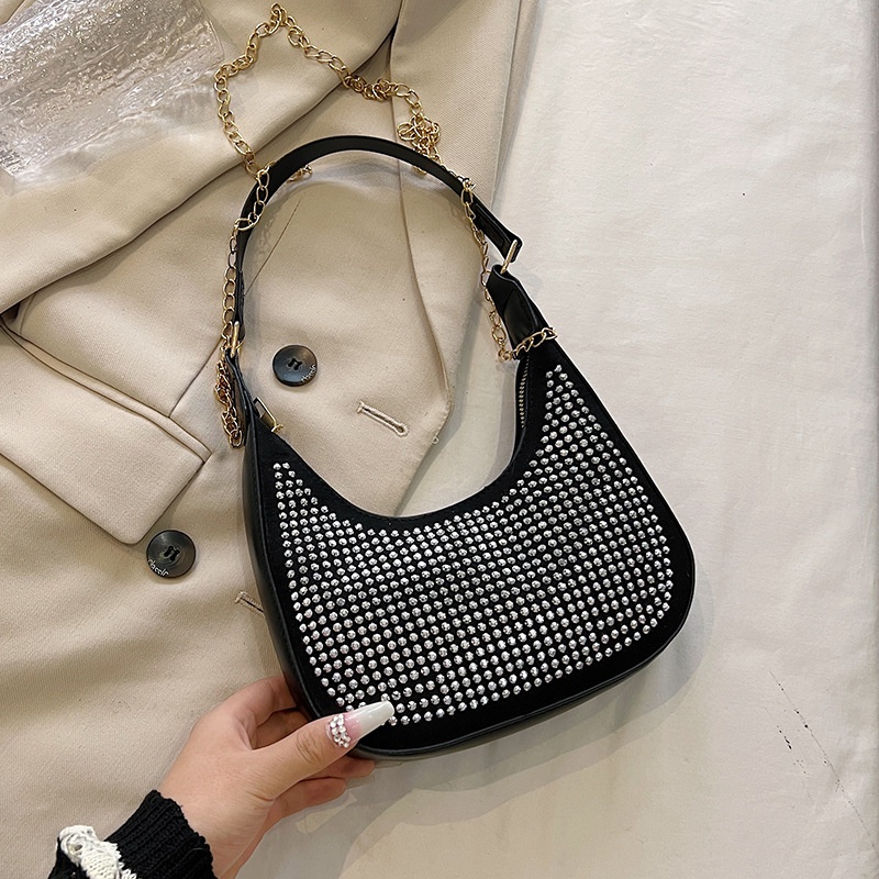 Túi Xách Đeo Vai Hình Vuông Cỡ Nhỏ Đính Đá Phối Dây Đeo Sợi Xích Thời Trang Mùa Xuân 2023 Cho Nữ