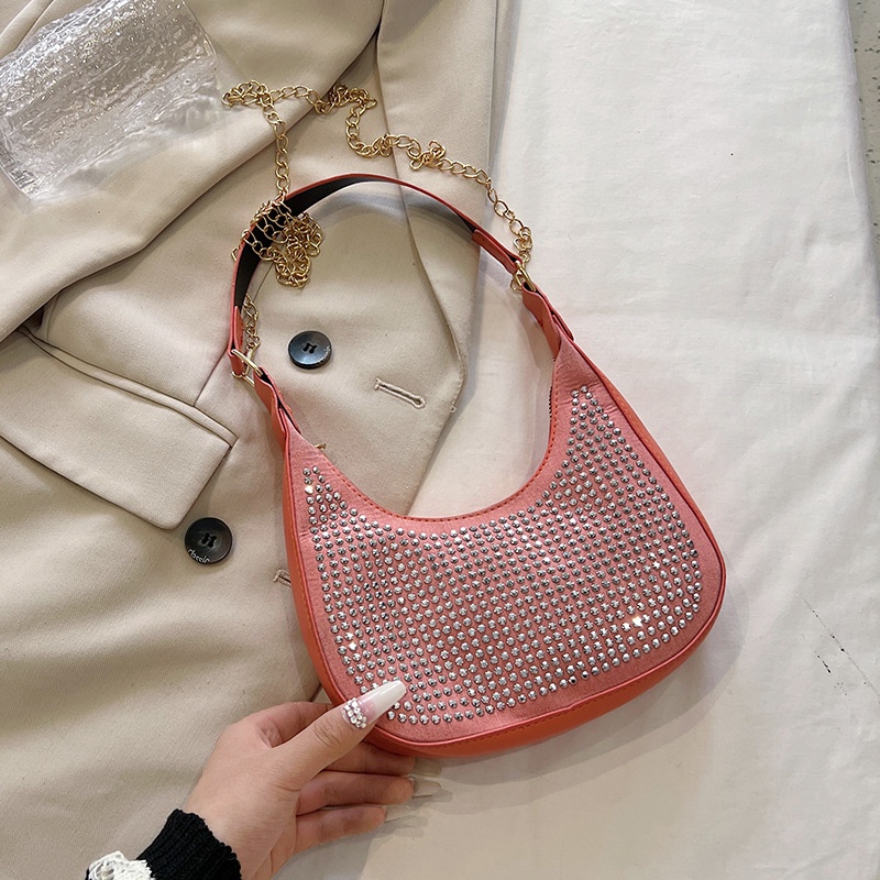 Túi Xách Đeo Vai Hình Vuông Cỡ Nhỏ Đính Đá Phối Dây Đeo Sợi Xích Thời Trang Mùa Xuân 2023 Cho Nữ