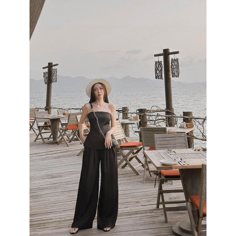Set áo peplum ống lật kèm quần suông