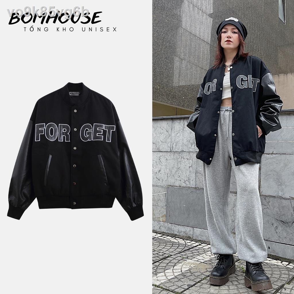 [Siêu Sale]✗☼○Áo Khoác Bomber Varsity Jacket BOM HOUSE Nam Nữ Chất Liệu Kaki Phối Da 2 Lớp Logo In