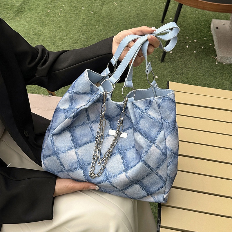 Túi Xách Canvas Cỡ Lớn Họa Tiết Kẻ Sọc Phối Dây Xích Thời Trang 2023 Cho Nữ