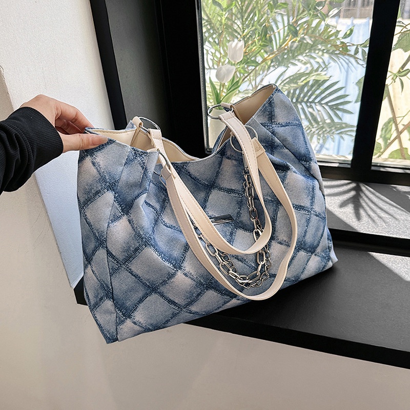 Túi Xách Canvas Cỡ Lớn Họa Tiết Kẻ Sọc Phối Dây Xích Thời Trang 2023 Cho Nữ
