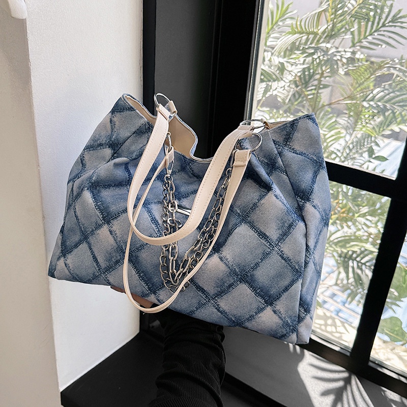 Túi Xách Canvas Cỡ Lớn Họa Tiết Kẻ Sọc Phối Dây Xích Thời Trang 2023 Cho Nữ