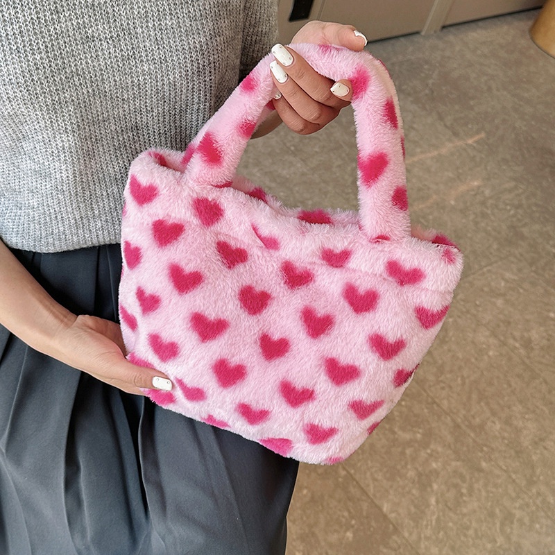 Túi Xách Lông Xù Mềm Phối Màu Tương Phản Hình Gấu / Dâu Tây Đáng Yêu Cho Nữ