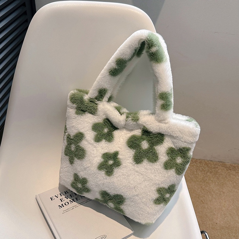 Túi Xách Lông Xù Mềm Phối Màu Tương Phản Hình Gấu / Dâu Tây Đáng Yêu Cho Nữ