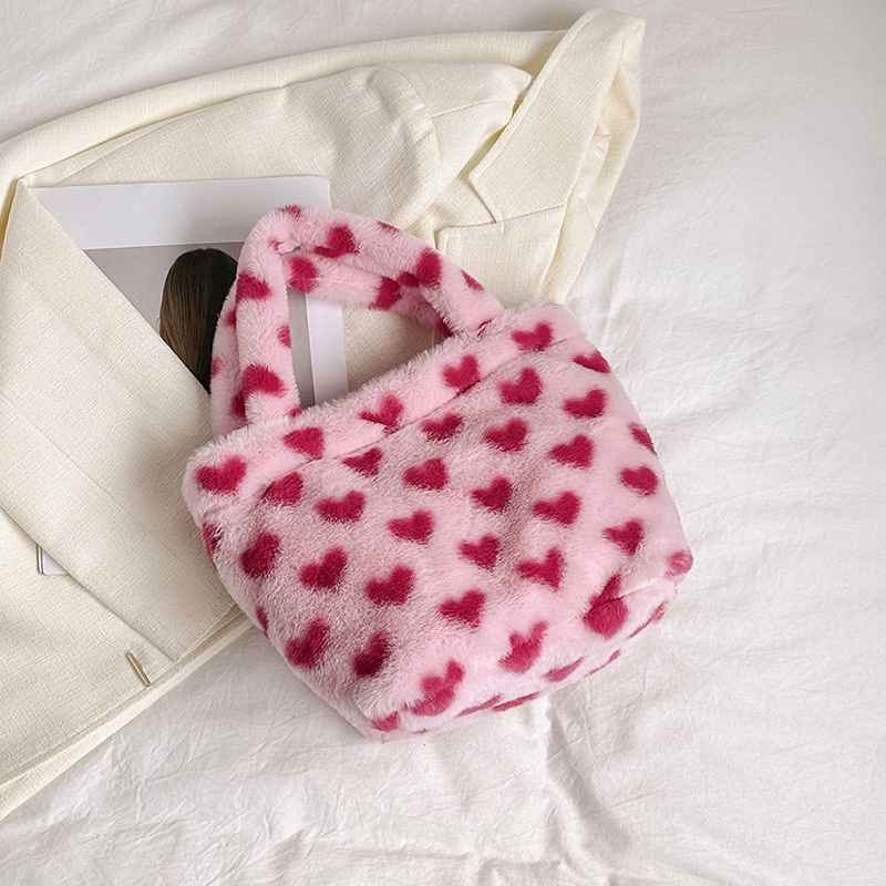 Túi Xách Lông Xù Mềm Phối Màu Tương Phản Hình Gấu / Dâu Tây Đáng Yêu Cho Nữ