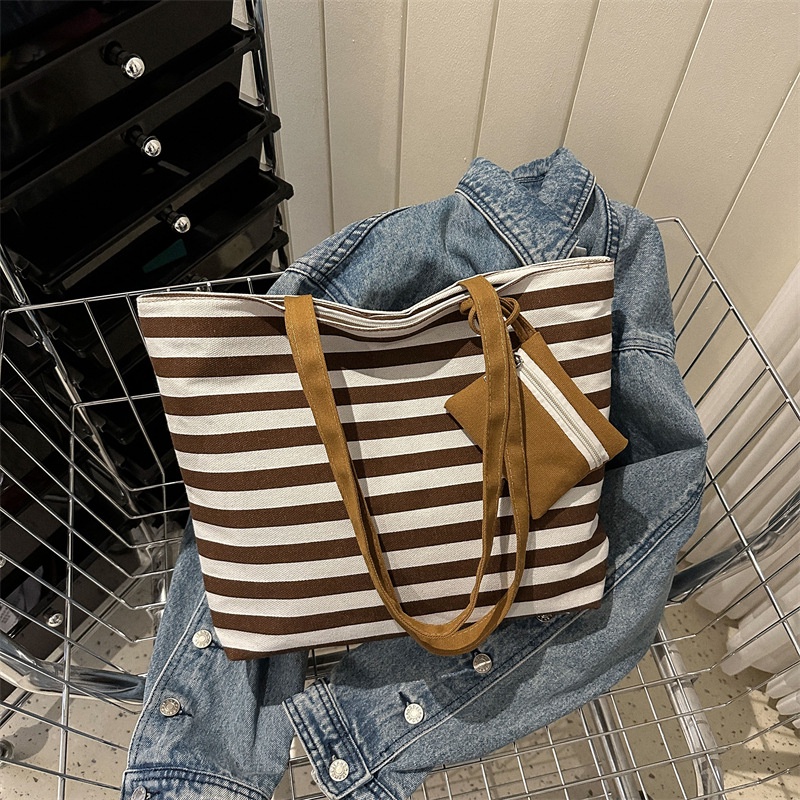 Túi Tote Đeo Vai Vải Canvas Họa Tiết Kẻ Sọc Cỡ Lớn Thời Trang Hàn Quốc 2023 Cho Nữ