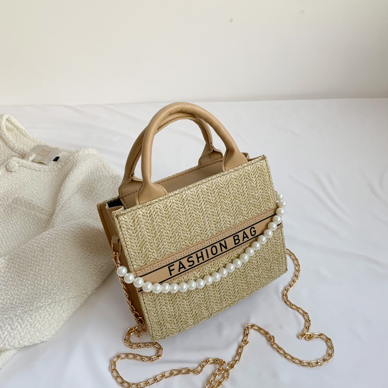 Túi Đeo Chéo Hình Vuông Nhỏ Đính Ngọc Trai Phối Dây Đeo Sợi Xích Thời Trang Mùa Xuân 2023 Cho Nữ