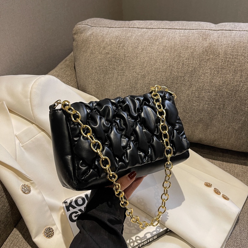 Túi Xách Đeo Vai Xếp Ly Thêu Dây Xích Thời Trang Hàn Quốc 2023 Cho Nữ