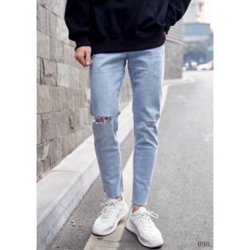 Quần Skinny Jean Nam Rách Gối Chất Bò blue color lá cây kéo dãn dài bền vững tư thế make up Trẻ mẫu 8998 a256 a32 a47