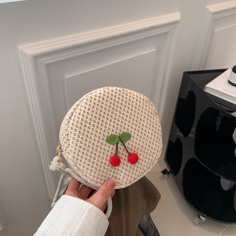 Túi Cói Tròn Màu Trơn Họa Tiết Cherry Thời Trang Mùa Xuân 2023 Cho Nữ