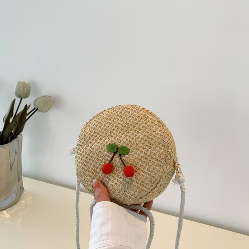 Túi Cói Tròn Màu Trơn Họa Tiết Cherry Thời Trang Mùa Xuân 2023 Cho Nữ