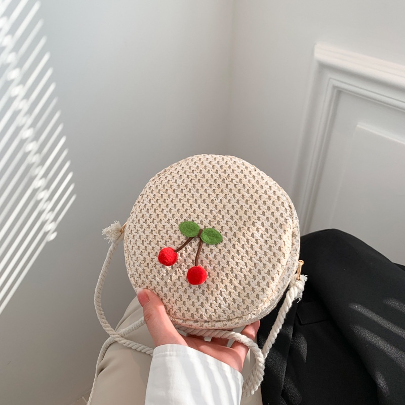 Túi Cói Tròn Màu Trơn Họa Tiết Cherry Thời Trang Mùa Xuân 2023 Cho Nữ