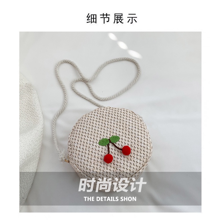 Túi Cói Tròn Màu Trơn Họa Tiết Cherry Thời Trang Mùa Xuân 2023 Cho Nữ