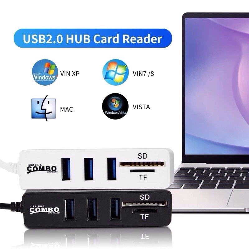 Bộ chia 3 cổng USB 2.0 tích hợp đầu đọc thẻ nhớ TF/SD, Bộ chia mở rộng usb Hub USB 2 in 1, chia cổng usb+ đọc thẻ nhớ.
