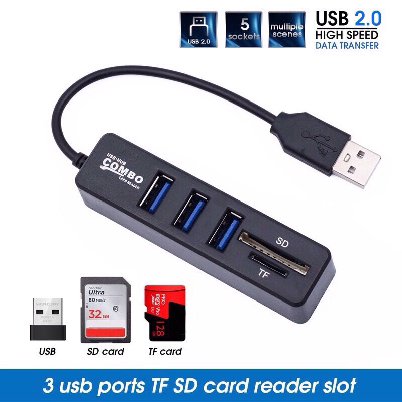 Bộ chia 3 cổng USB 2.0 tích hợp đầu đọc thẻ nhớ TF/SD, Bộ chia mở rộng usb Hub USB 2 in 1, chia cổng usb+ đọc thẻ nhớ.