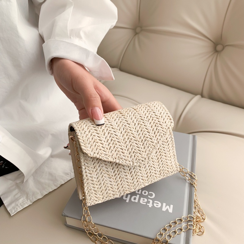 Túi Xách Đeo Vai Đan Cói Hình Vuông Cỡ Nhỏ Phối Dây Đeo Sợi Xích Thời Trang Mùa Xuân Dành Cho Nữ 2