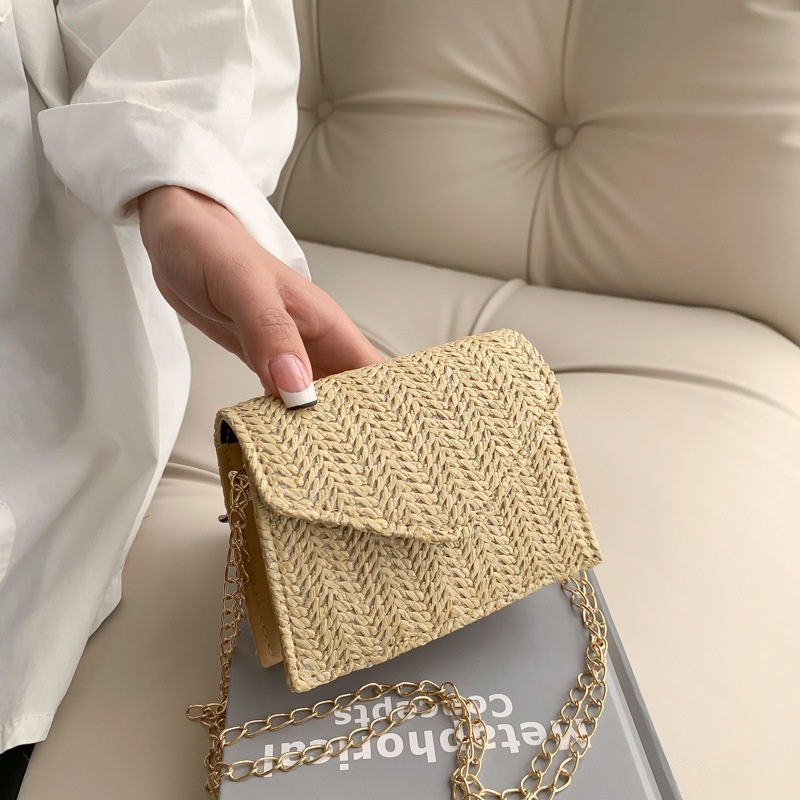 Túi Xách Đeo Vai Đan Cói Hình Vuông Cỡ Nhỏ Phối Dây Đeo Sợi Xích Thời Trang Mùa Xuân Dành Cho Nữ 2