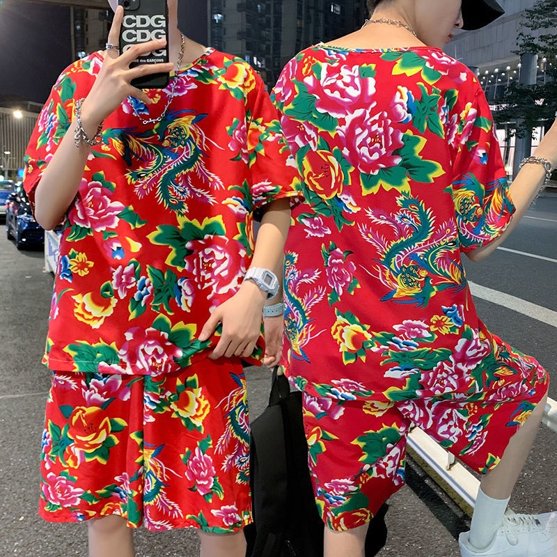 Bộ Áo Sơ Mi Màu Xanh Dương + Quần Short Size Lớn In Hoa Đỏ Dongxia Mới Cho Học Sinh