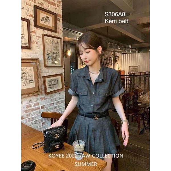 Set đồ nữ áo sơ mi jean cộc tay phối 2 túi mix chân váy xoè ngắn xếp ly kèm nịt phong cách hàn quốc