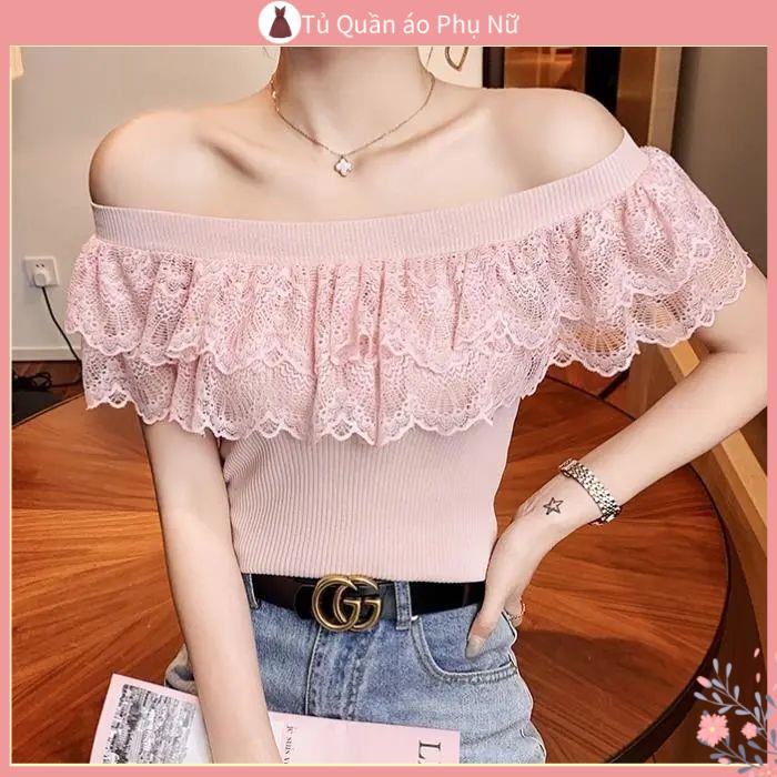 O S Mi N L A M Qu C Quy N Áo Dệt Kim Tay Ngắn Hở Vai Viền Bèo Thời Trang Mùa Hè Phong Cách Phương Tây Phổ Biến Cho Nữ