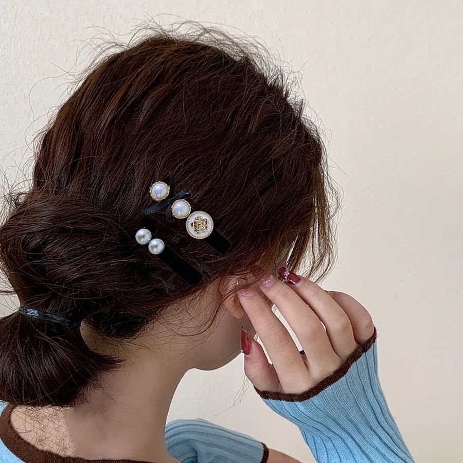 Xiao Xiangfeng Bộ Kẹp Tóc Nơ Nhỏ Bằng Nhung Đen Đính Ngọc Trai Tinh Tế Chất Lượng Cao Có Hương Thơm Cao Cấp