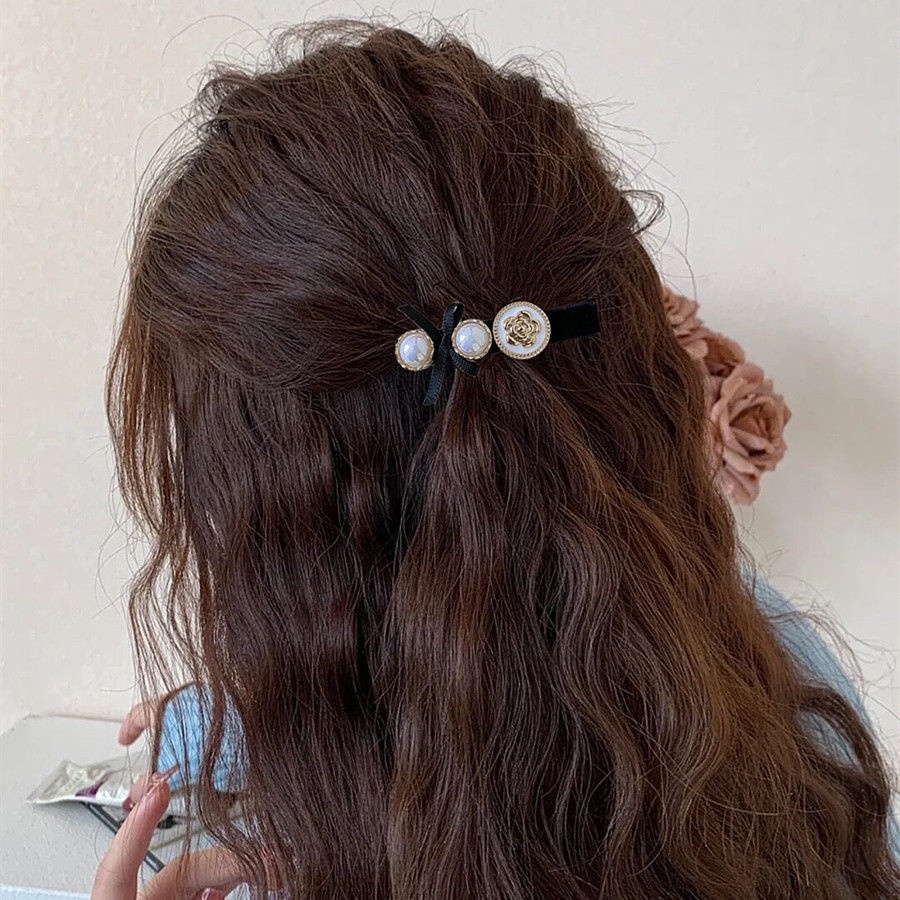 Xiao Xiangfeng Bộ Kẹp Tóc Nơ Nhỏ Bằng Nhung Đen Đính Ngọc Trai Tinh Tế Chất Lượng Cao Có Hương Thơm Cao Cấp