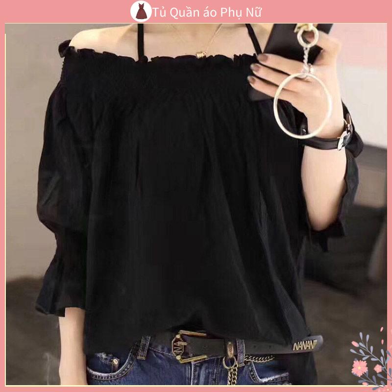 O S Mi N L a M Qu C Quy N Áo Sơ Mi chiffon Hở Vai Dáng Rộng Tay Lỡ 3 / 4 Phong Cách Nước Ngoài Mùa Hè Châu Âu Cho Nữ
