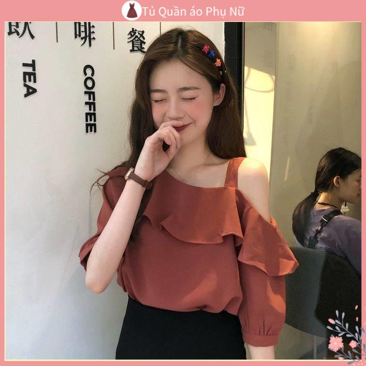 O S Mi N L A M Qu C Quy N Áo Sơ Mi Voan Một Dây Tay Ngắn Viền Bèo Ngọt Ngào Cá Tính Cho Nữ