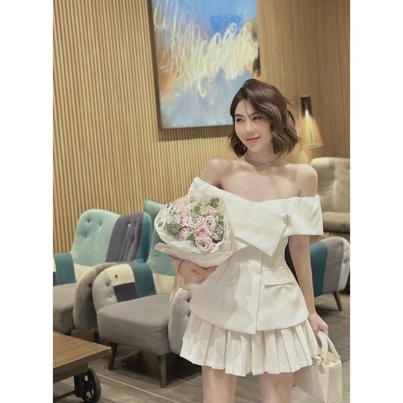 SET ÁO ĐẮP CHÉO KEM BẸT VAI + CHÂN VÁY XẾP LY ĐI TIỆC