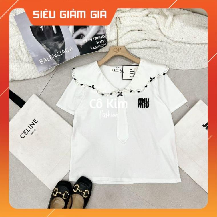 Áo phông miu miu thêu cổ thủy thủ viền đá hàng Qp hot trend