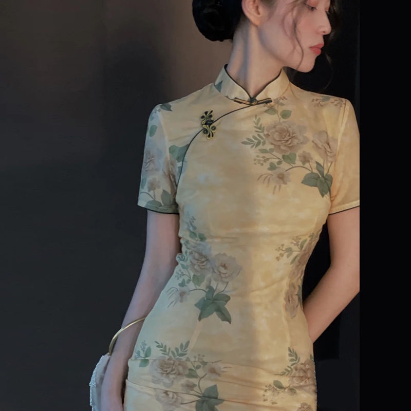 Qipao Đầm Sườn Xám Cách Tân Màu Vàng Phong Cách retro Thanh Lịch Cho Nữ 2023
