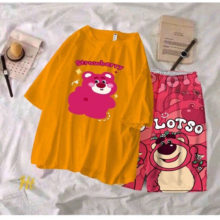 VK THỜI TRANG Bộ cho bé gái áo thun gấu dâu quay đầu kèm quần đùi hình gấu dâu size từ 9 đến 37kg