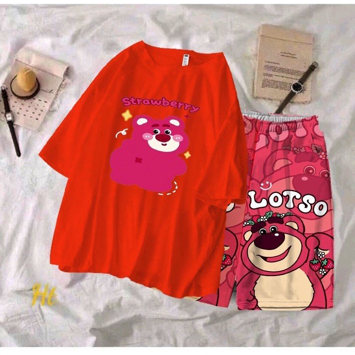 VK THỜI TRANG Bộ cho bé gái áo thun gấu dâu quay đầu kèm quần đùi hình gấu dâu size từ 9 đến 37kg