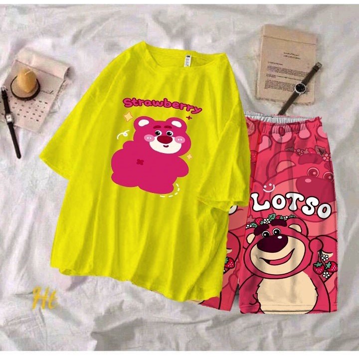 VK THỜI TRANG Bộ cho bé gái áo thun gấu dâu quay đầu kèm quần đùi hình gấu dâu size từ 9 đến 37kg