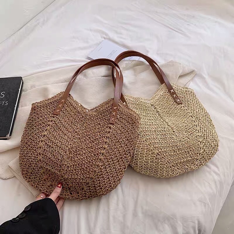 (Kèm quà tặng 1 đôi vớ)Túi dệt bằng rơm đeo quai cỡ lớn phối dây lda phong cách Hàn Quốc thanh lịch thời trang