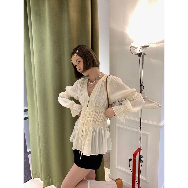 Áo Sơ Mi Cổ Chữ V Dáng Rộng Cột Dây Xếp Ly Thời Trang Sang Trọng Cho Nữ