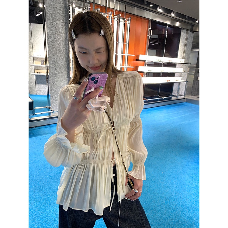 Áo Sơ Mi Cổ Chữ V Dáng Rộng Cột Dây Xếp Ly Thời Trang Sang Trọng Cho Nữ