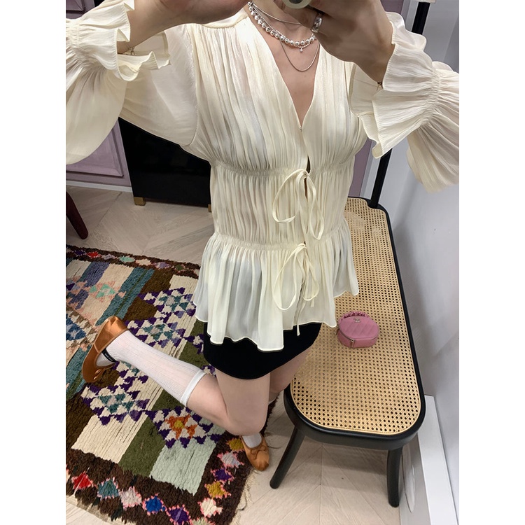 Áo Sơ Mi Cổ Chữ V Dáng Rộng Cột Dây Xếp Ly Thời Trang Sang Trọng Cho Nữ