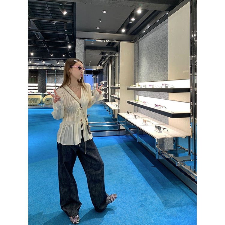 Áo Sơ Mi Cổ Chữ V Dáng Rộng Cột Dây Xếp Ly Thời Trang Sang Trọng Cho Nữ