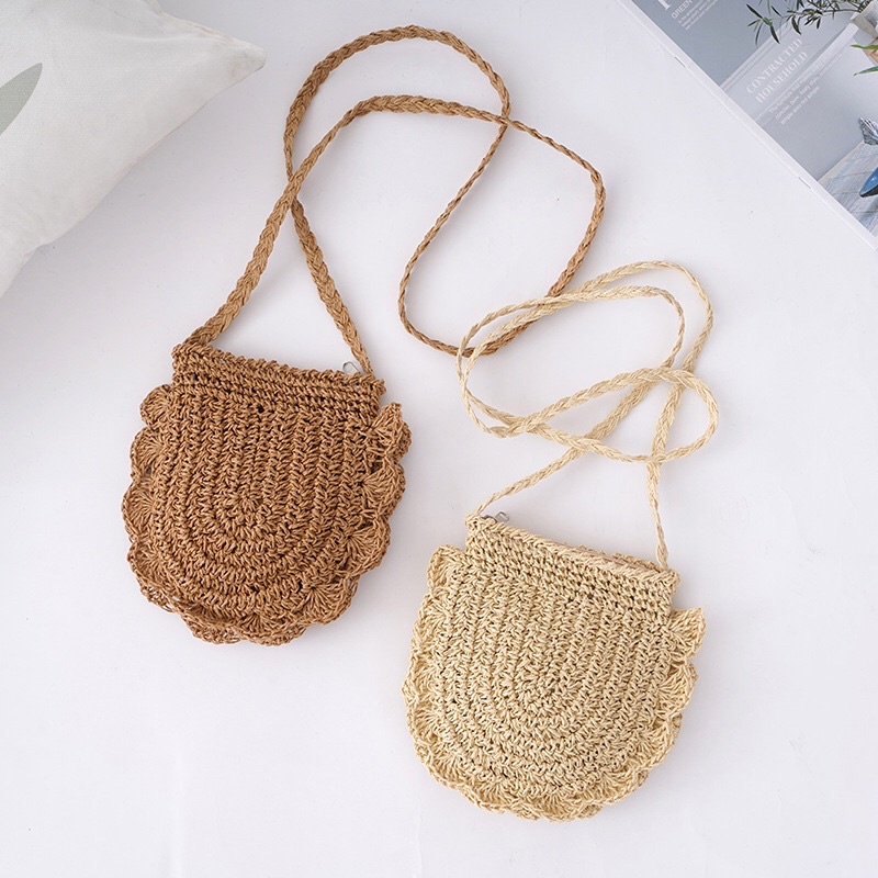 (Kèm quà tặng 1 đôi vớ)Túi cói dệt mini đeo chéo có lót phong cách Vintage