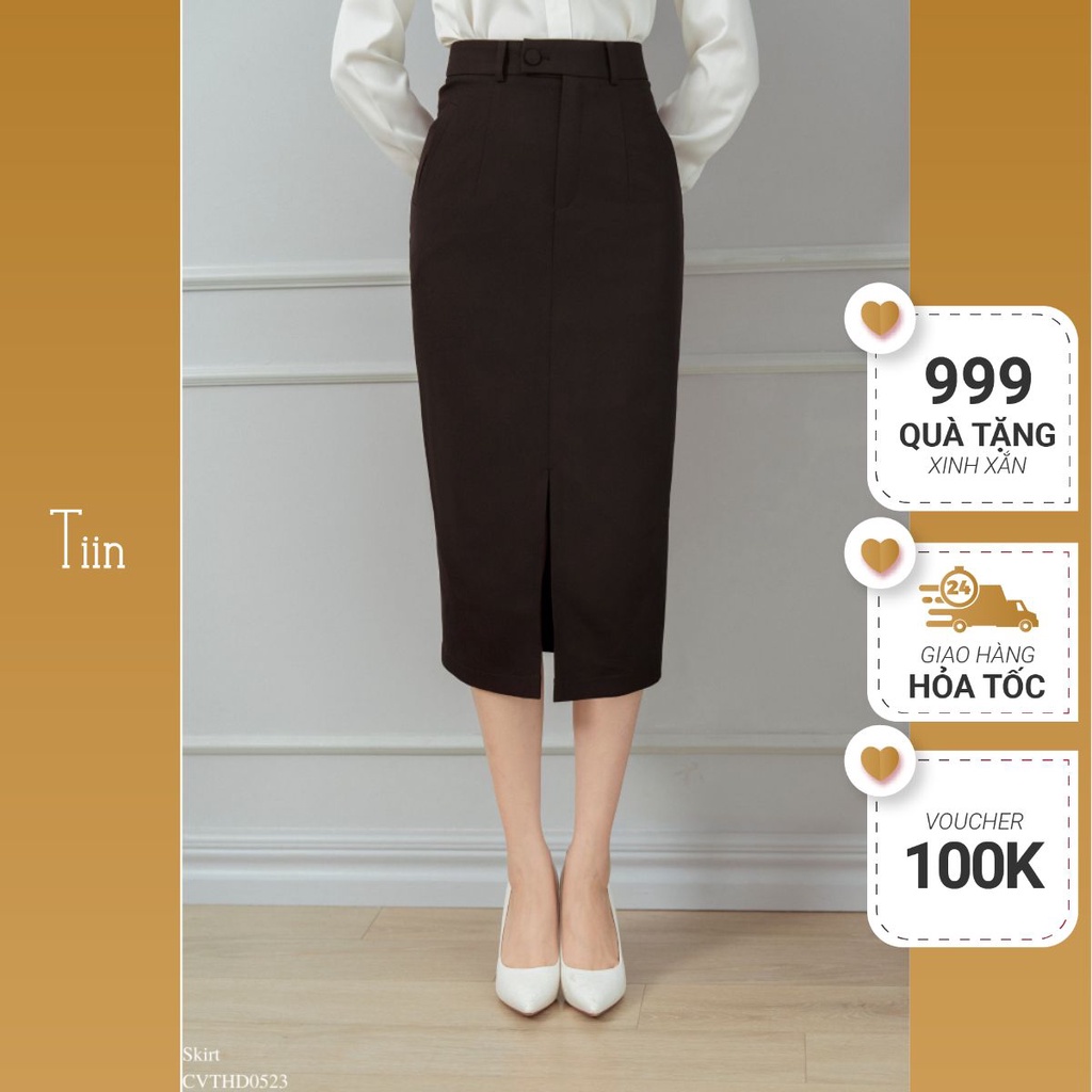 Chân váy bút chì cơi chéo xẻ trước, chất liệu KAKI LỤA đứng form kiểu dáng công sở TIINSTORE CHD244
