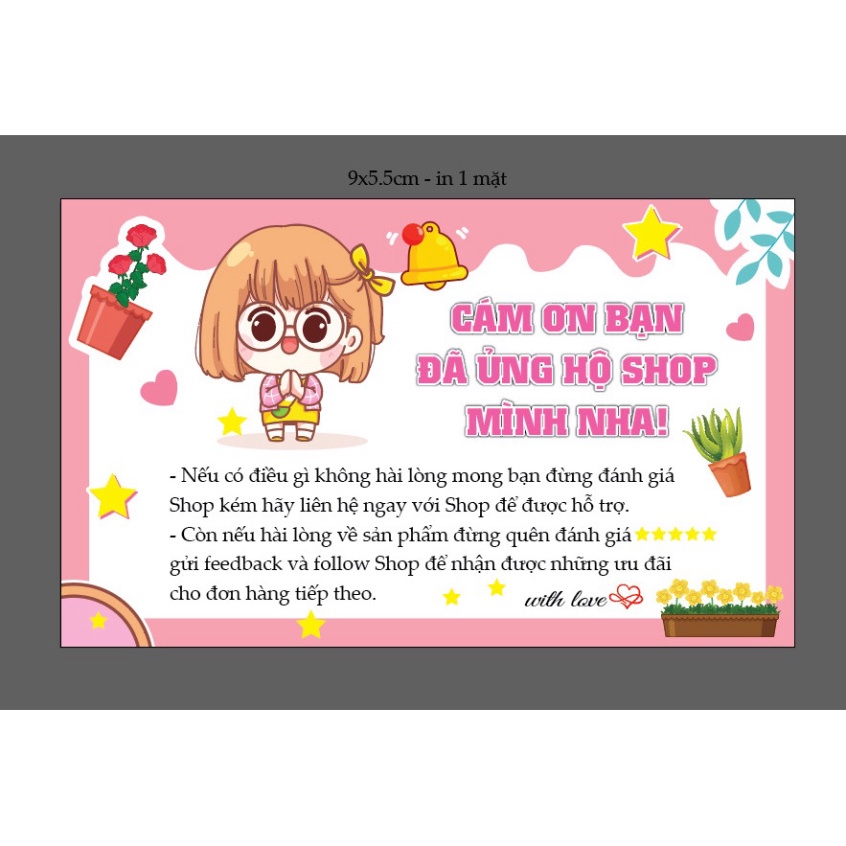 Thiệp cảm ơn màu hồng size 9x5,4cm, card Thank You giấy C300 cán màng mờ dễ thương - Xưởng in Trường Thu